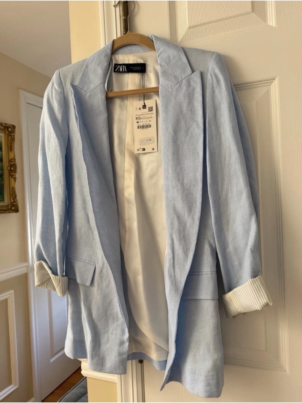 NWT ZARA Women’s Light Blue Linen Open Blazer Lightweight Front Pockets Size XS